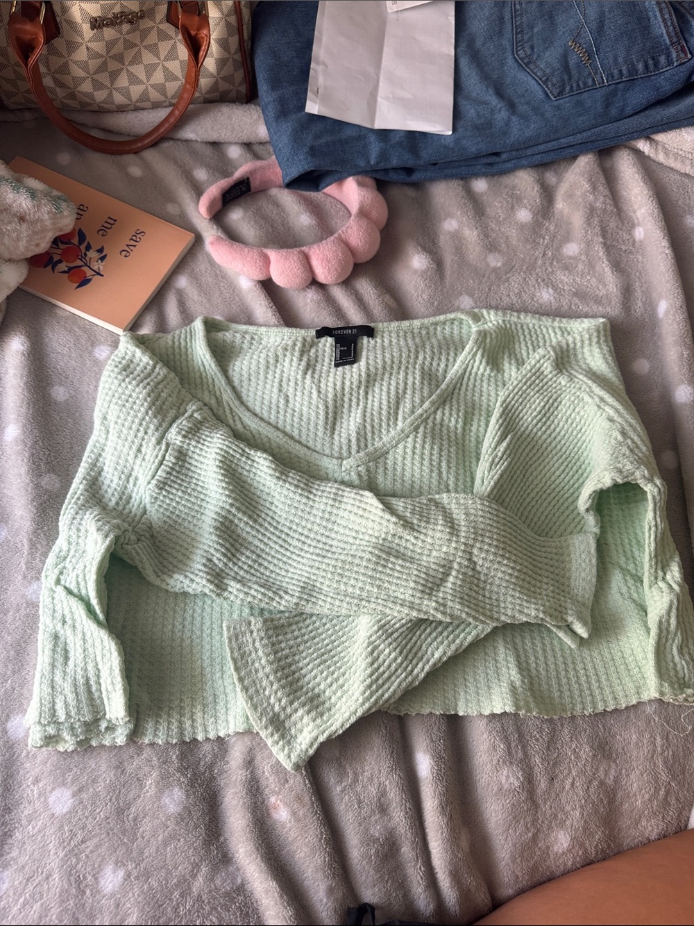 Forever 21 Light Mint Waffle Knit V-Neck Crop Top